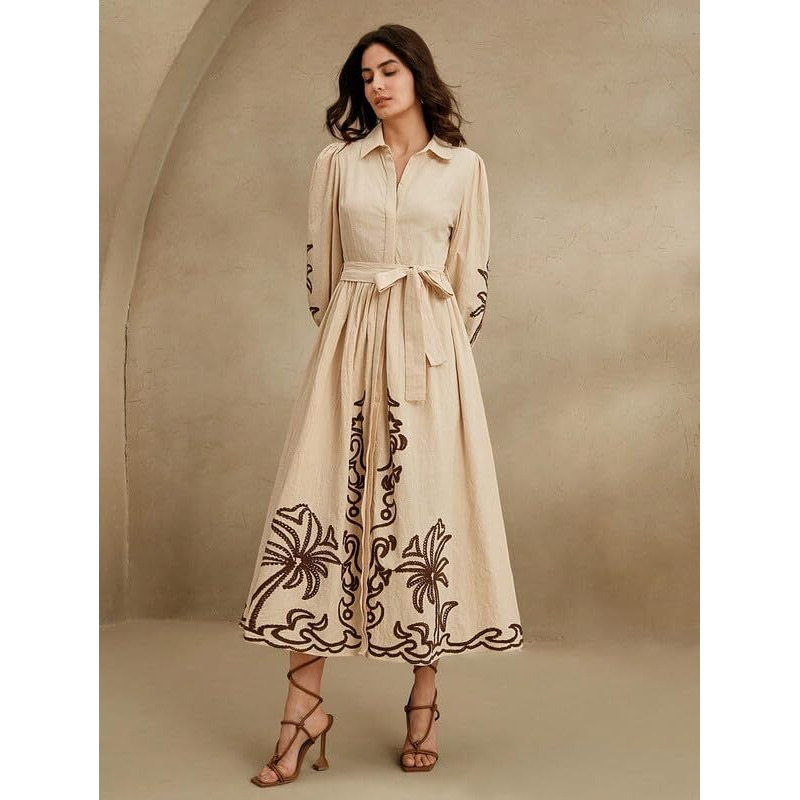 Smowkly Cotton Blend Women's Casual Solid Printed Dress Mid-Length Maxi Dress (1663_Bg_M) Cream