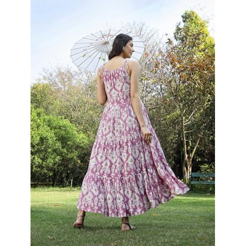 Stylum Women's Ikat Printed Rayon Tiered Dress (Drslavenderiron40_Lavender, L)