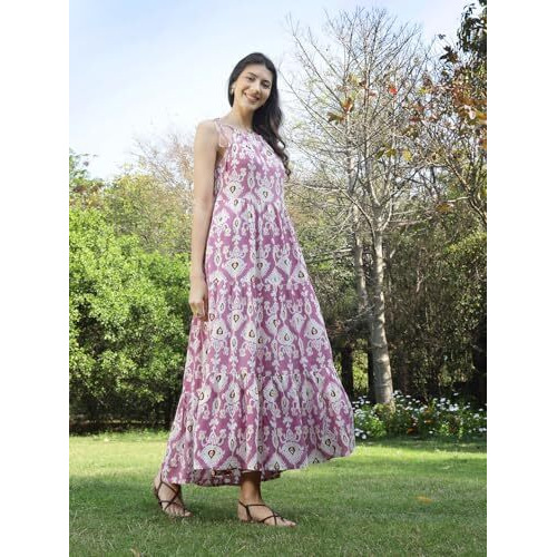Stylum Women's Ikat Printed Rayon Tiered Dress (Drslavenderiron40_Lavender, L)
