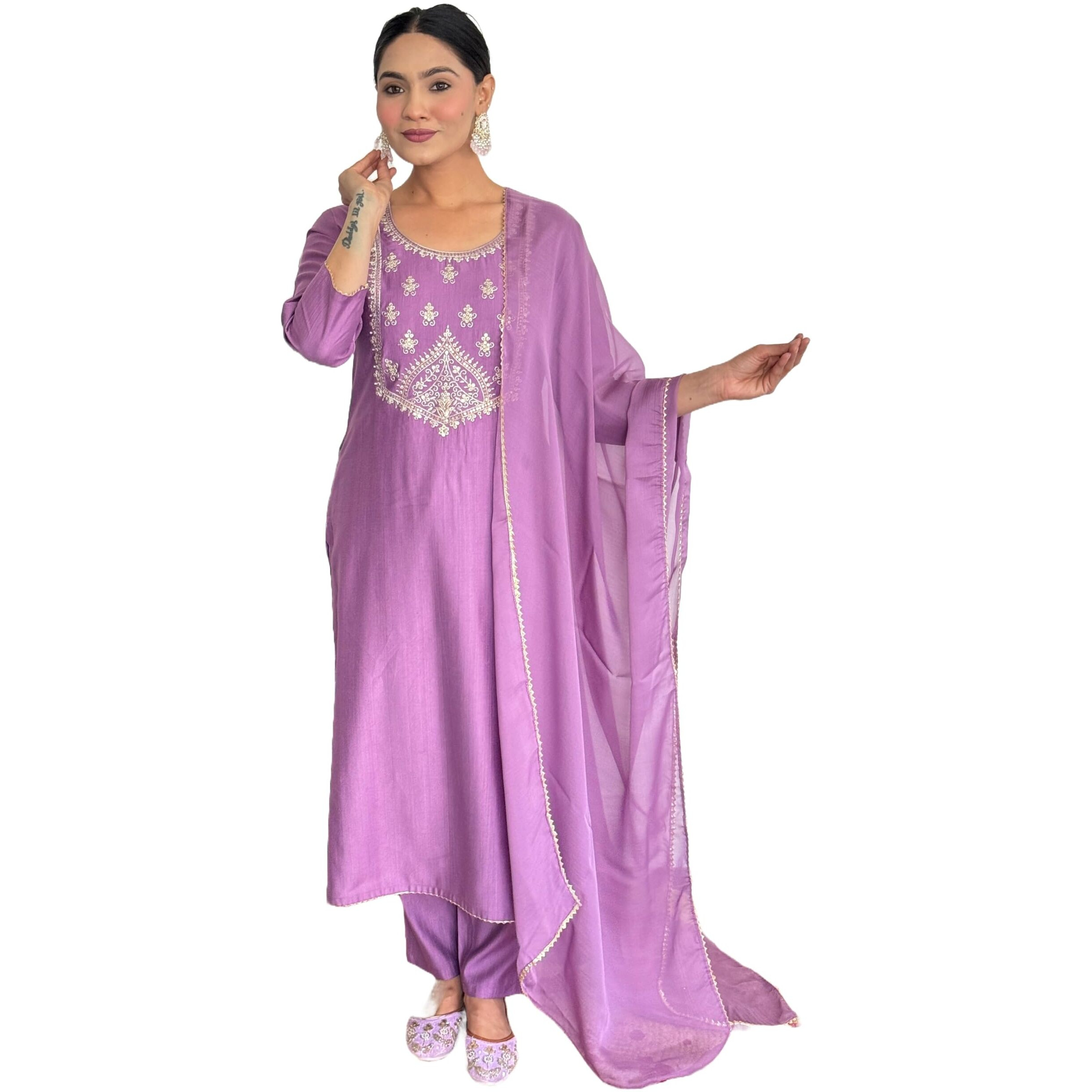Alvami Women's Silk Embroidery Straight Kurta And Pant Set With Dupatta (Vanisha_Pink_Al_Xxl)