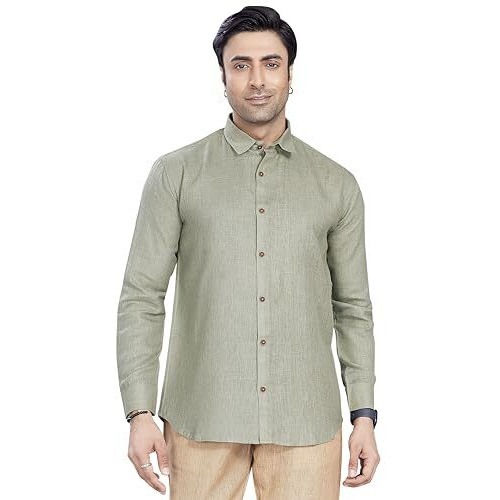 Divisive Men's Poly Linen Regular Fit Shirt (Dst101_L_Olive)