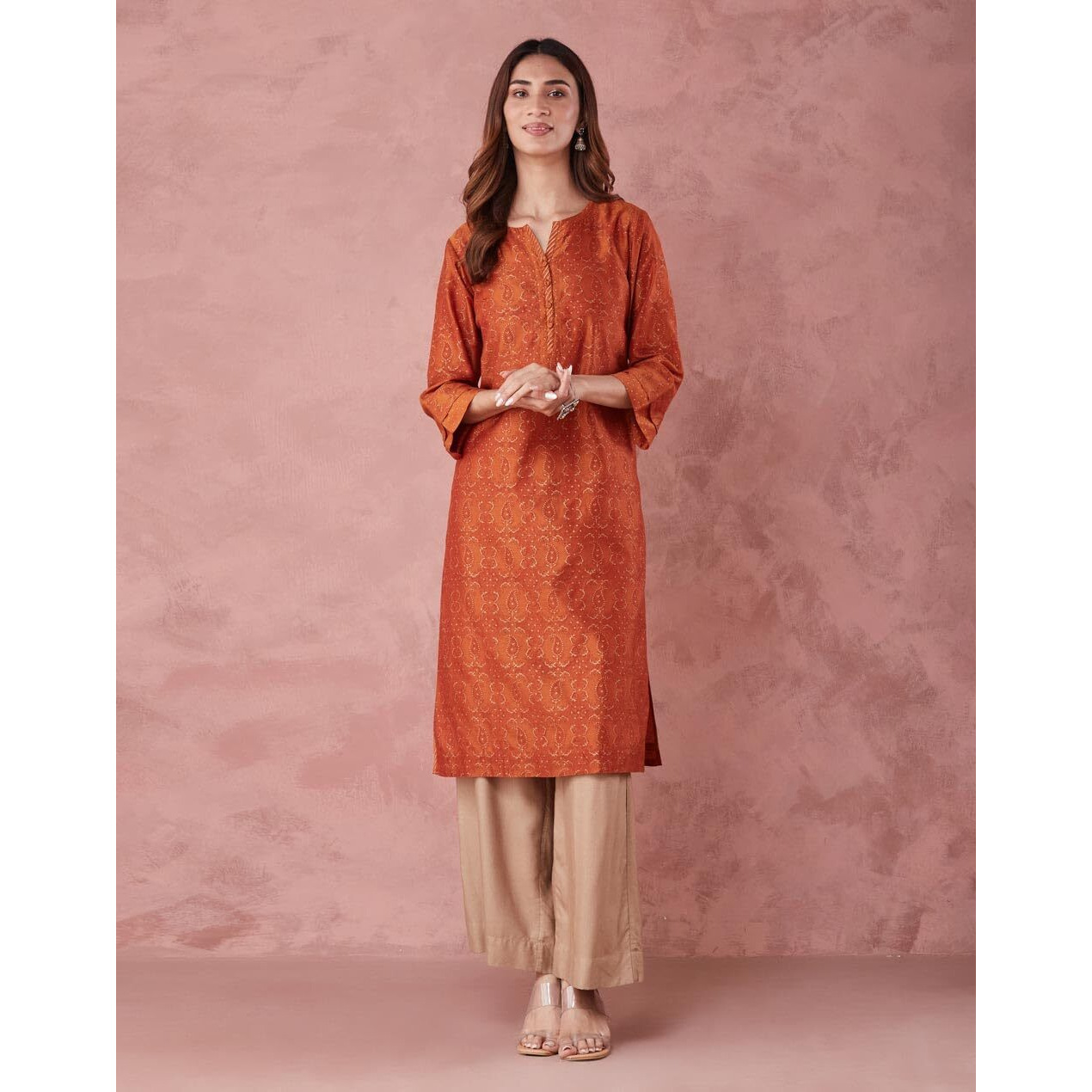 Fabindia Women's Cotton Silk Printed Regular Kurta (1038254Rust_Rust