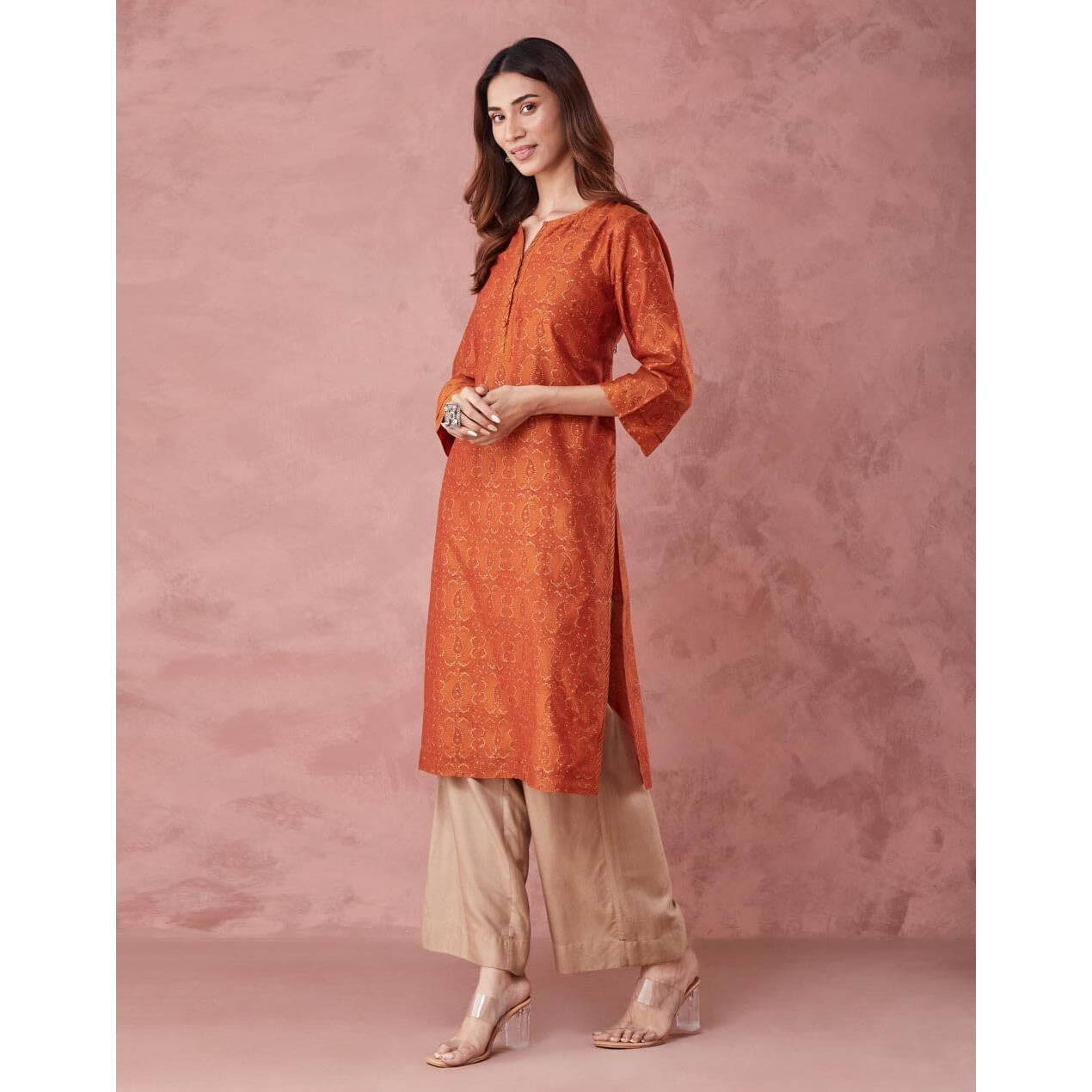 Fabindia Women's Cotton Silk Printed Regular Kurta (1038254Rust_Rust