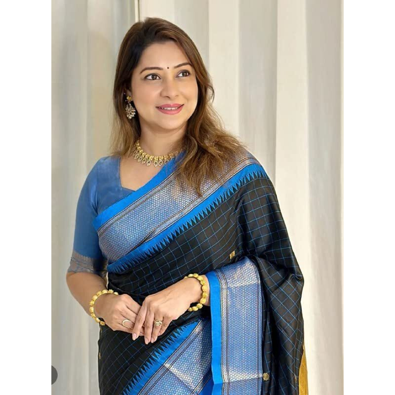 Flosive Women's Present Banarasi Soft Lichi Silk Saree Beautiful Jacquard Rich Pallu Design Work Zari Woven Kanjivaram Silk Style Saree With Soft Lichi Silk Blouse Piece Ayn Royal Chex Mix (Blue Box).
