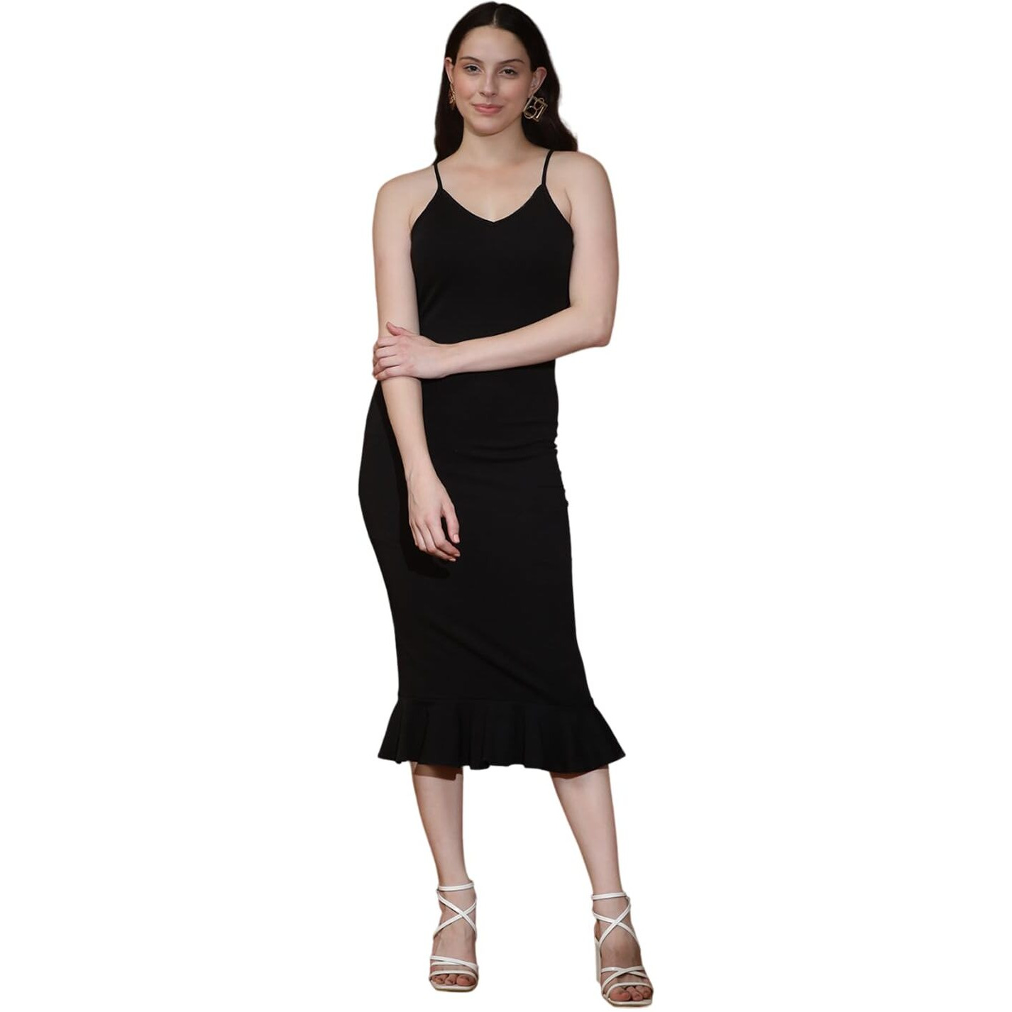 Kotty Women's Shoulder Straps Bodycon Midi Dress(Black,S)