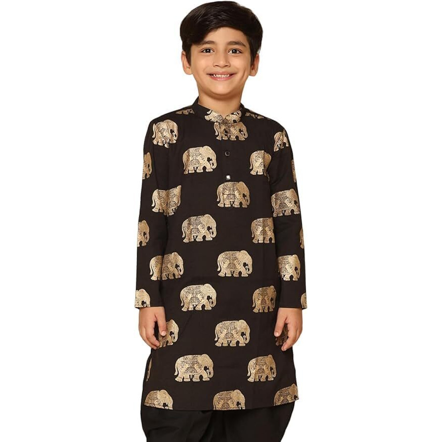 Kisah Kid's Cotton Full Sleeves Regular Fit Knee Length Animal Print Black Kurta (9-10Y)