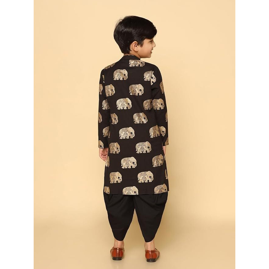 Kisah Kid's Cotton Full Sleeves Regular Fit Knee Length Animal Print Black Kurta (9-10Y)
