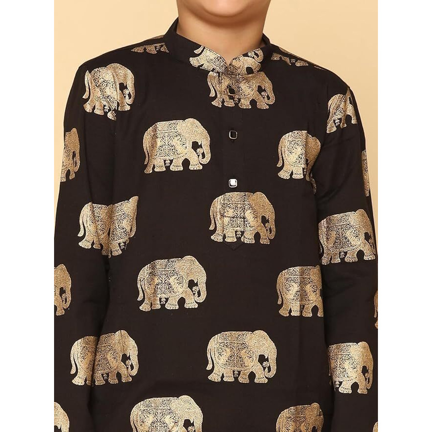 Kisah Kid's Cotton Full Sleeves Regular Fit Knee Length Animal Print Black Kurta (9-10Y)