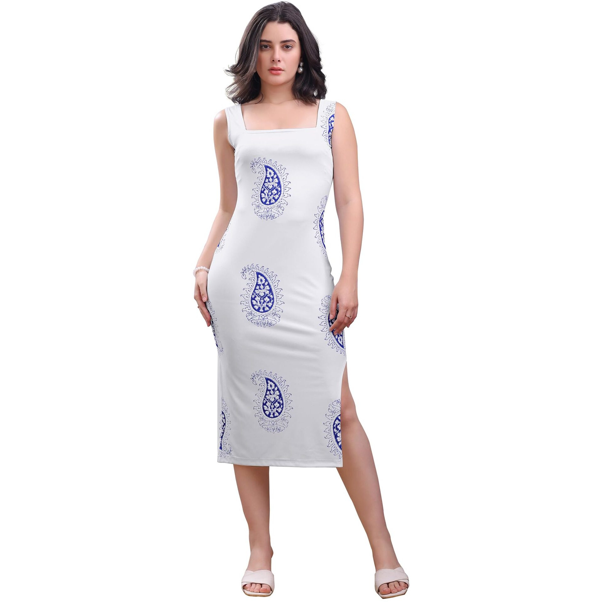 Purvaja Womens Bodycon Below Knee Length Dress (Wini-183-White_Small)