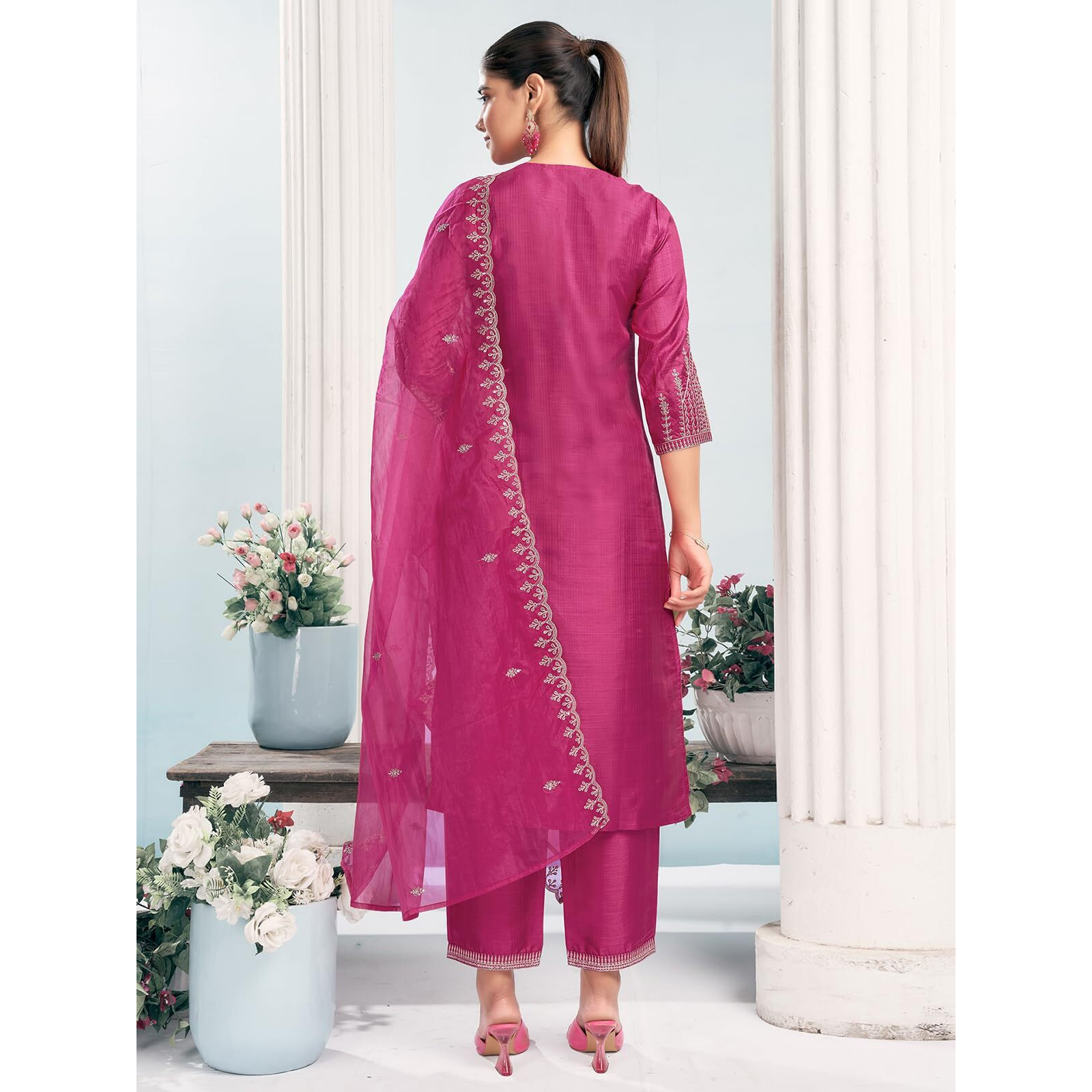 Sanisa Women's Art Silk Sequence And Embroidery Work Straight Kurta With Pant And Dupatta Set (204Kbd2161N-Xxl_Dark Pink)