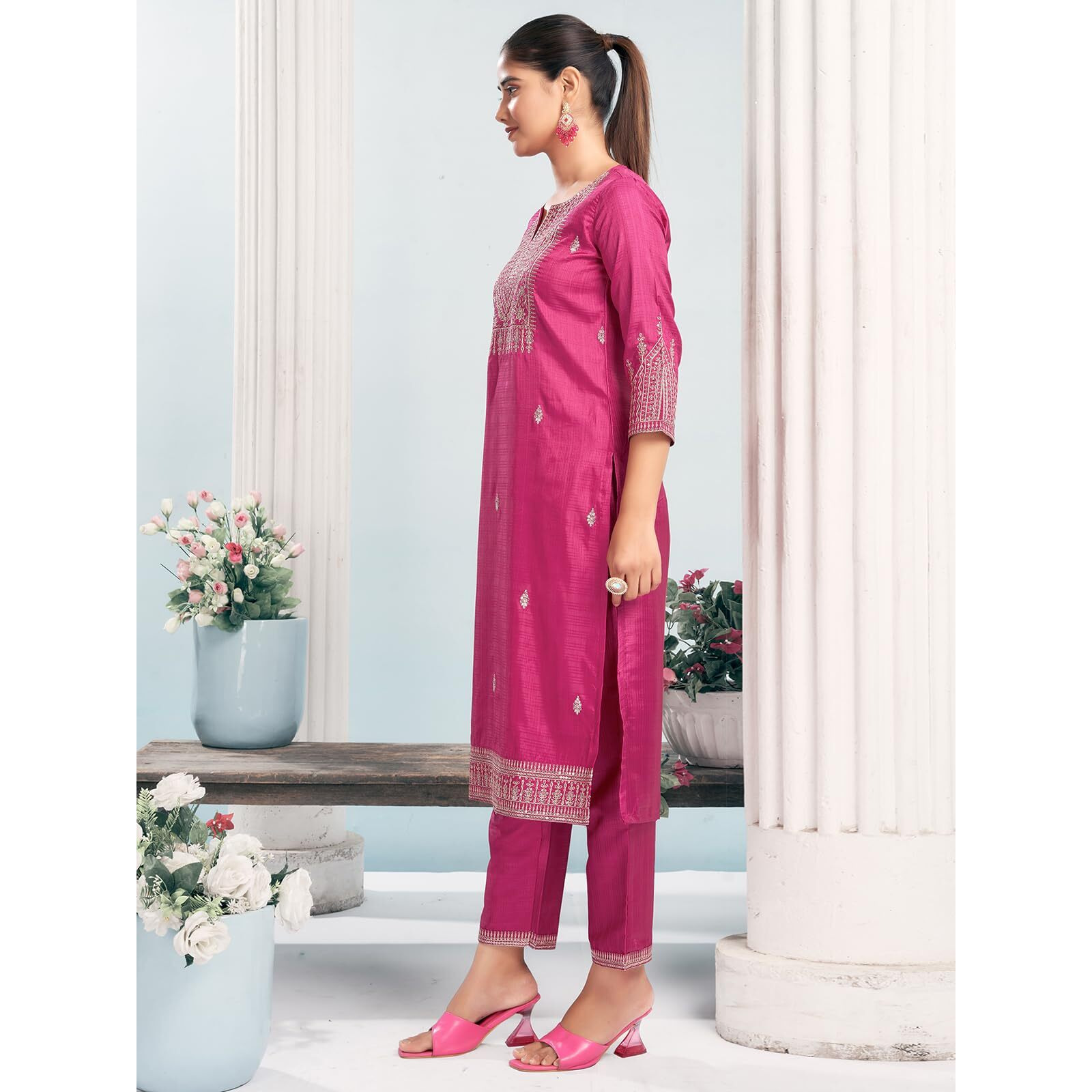 Sanisa Women's Art Silk Sequence And Embroidery Work Straight Kurta With Pant And Dupatta Set (204Kbd2161N-Xxl_Dark Pink)
