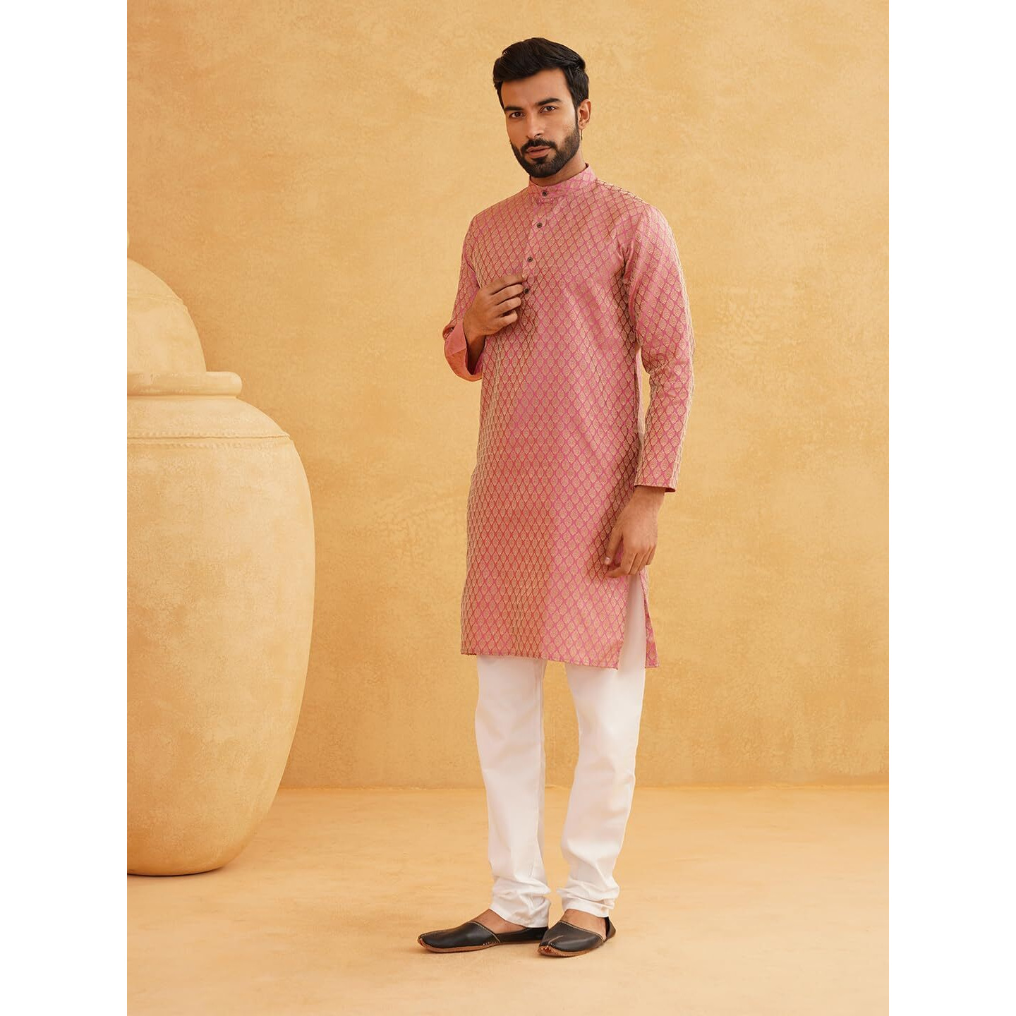 Sojanya (Since 1958 Men's Silk Blend Pink Self Design Kurta & Off-White Churidar Pyjama Set