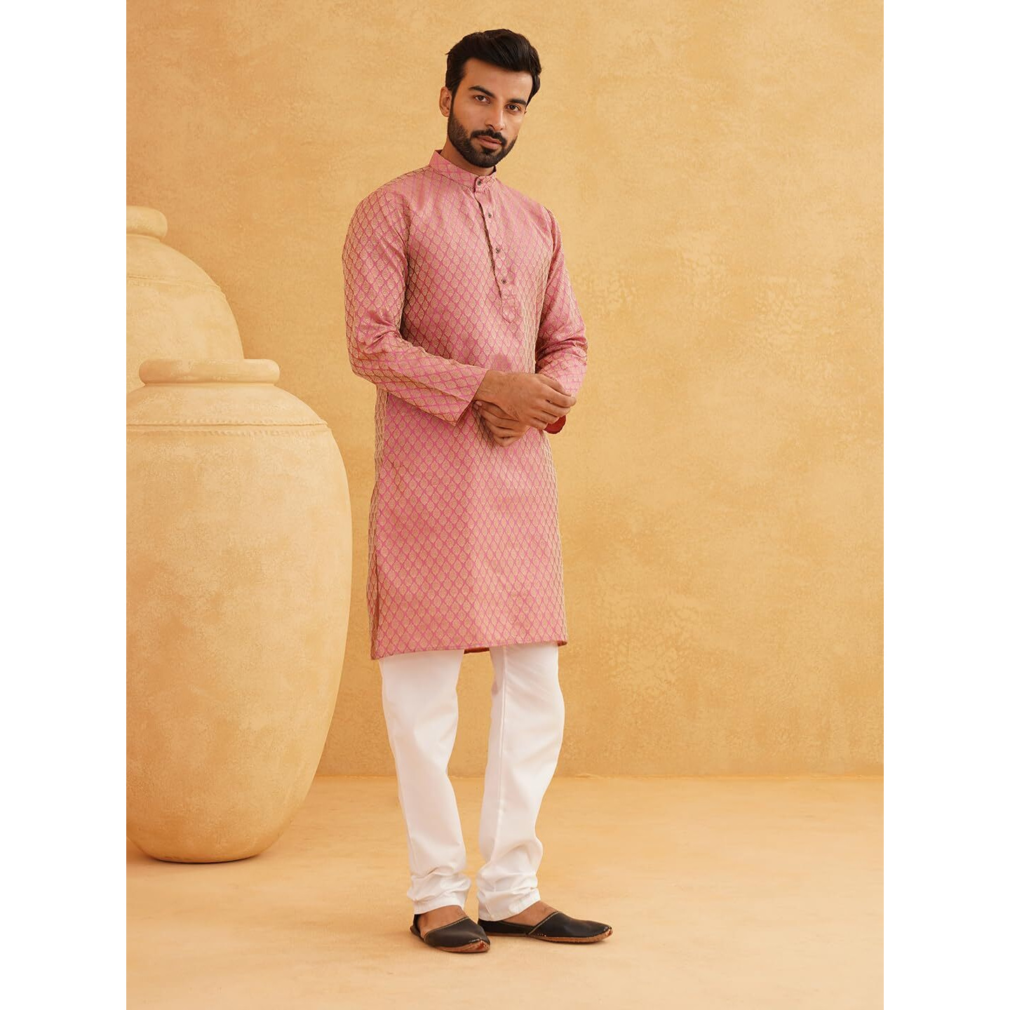 Sojanya (Since 1958 Men's Silk Blend Pink Self Design Kurta & Off-White Churidar Pyjama Set