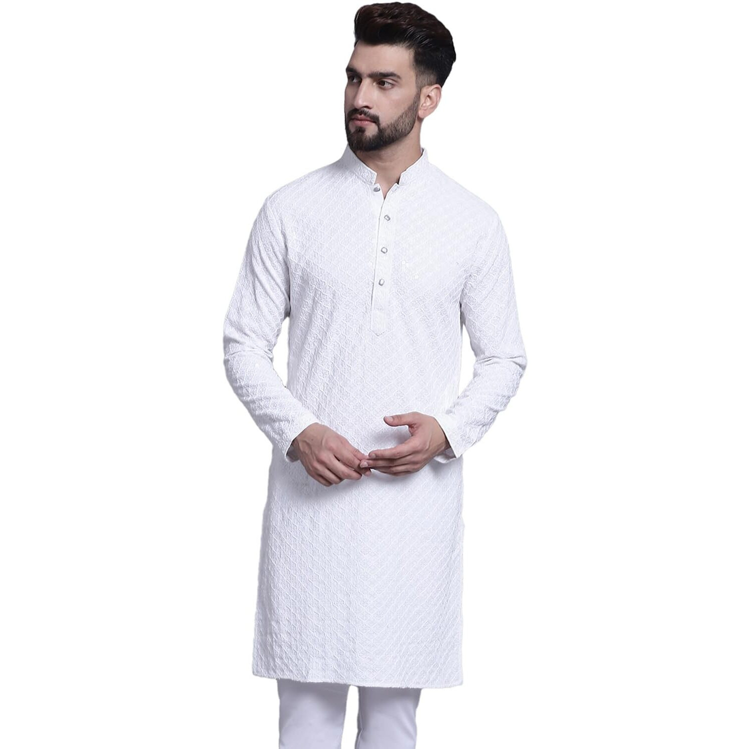 Sojanya (Since 1958 Men's Pure Cotton White Embroidered 4Booti Sequence Kurta