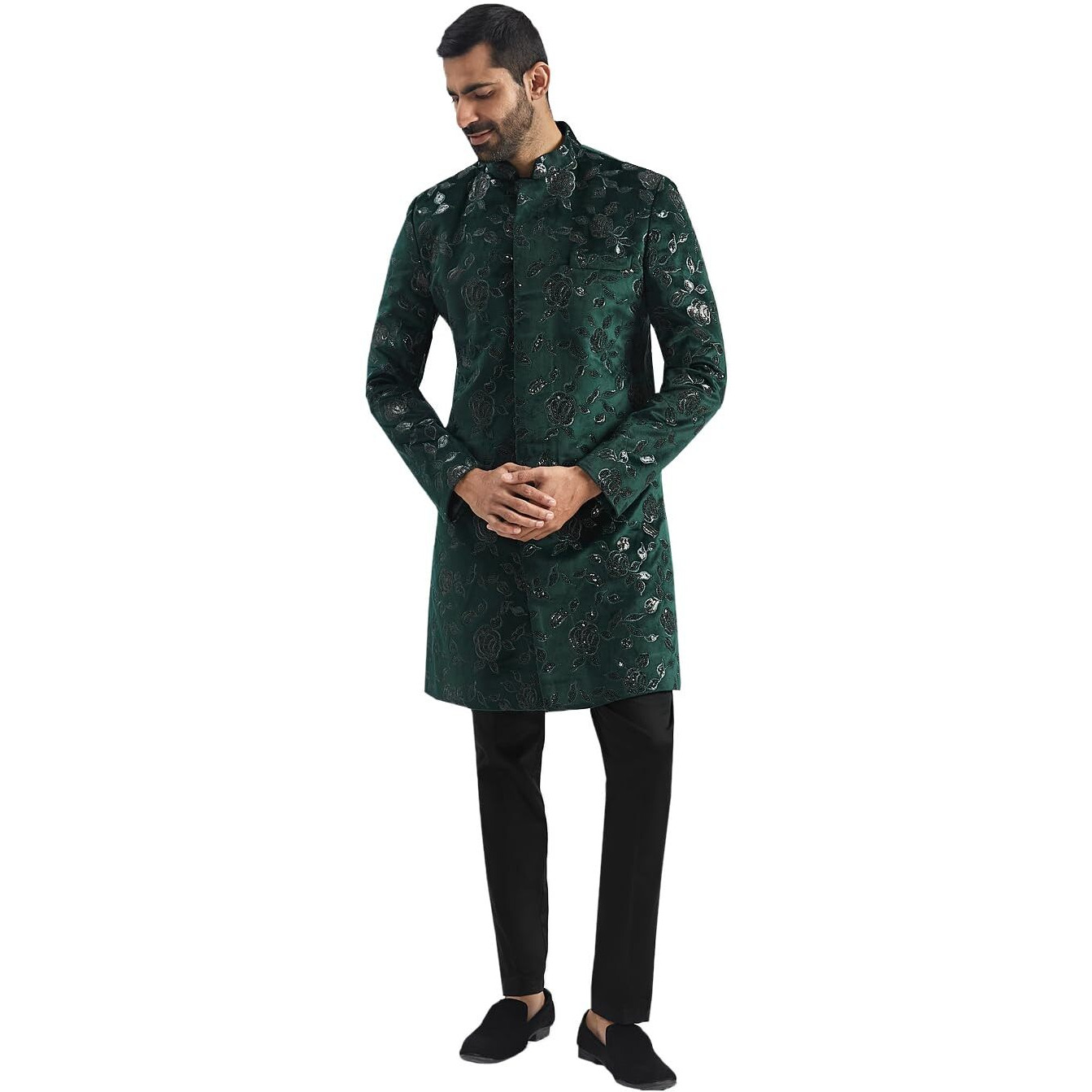 Vastramay Men's Bottle Green Velvet Sherwani Set, Velvet Embroidered Sequiend Indo Western And Pant Set For Men For Weddings & Festivals, Traditional Ethnic Wear Outfit