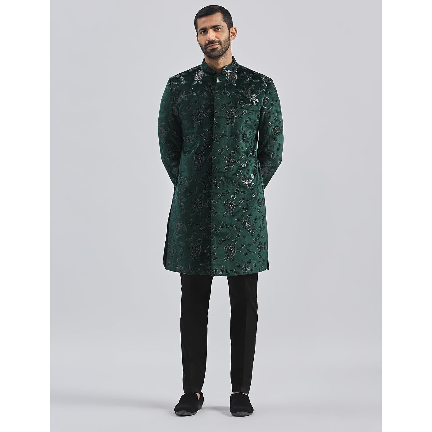 Vastramay Men's Bottle Green Velvet Sherwani Set, Velvet Embroidered Sequiend Indo Western And Pant Set For Men For Weddings & Festivals, Traditional Ethnic Wear Outfit