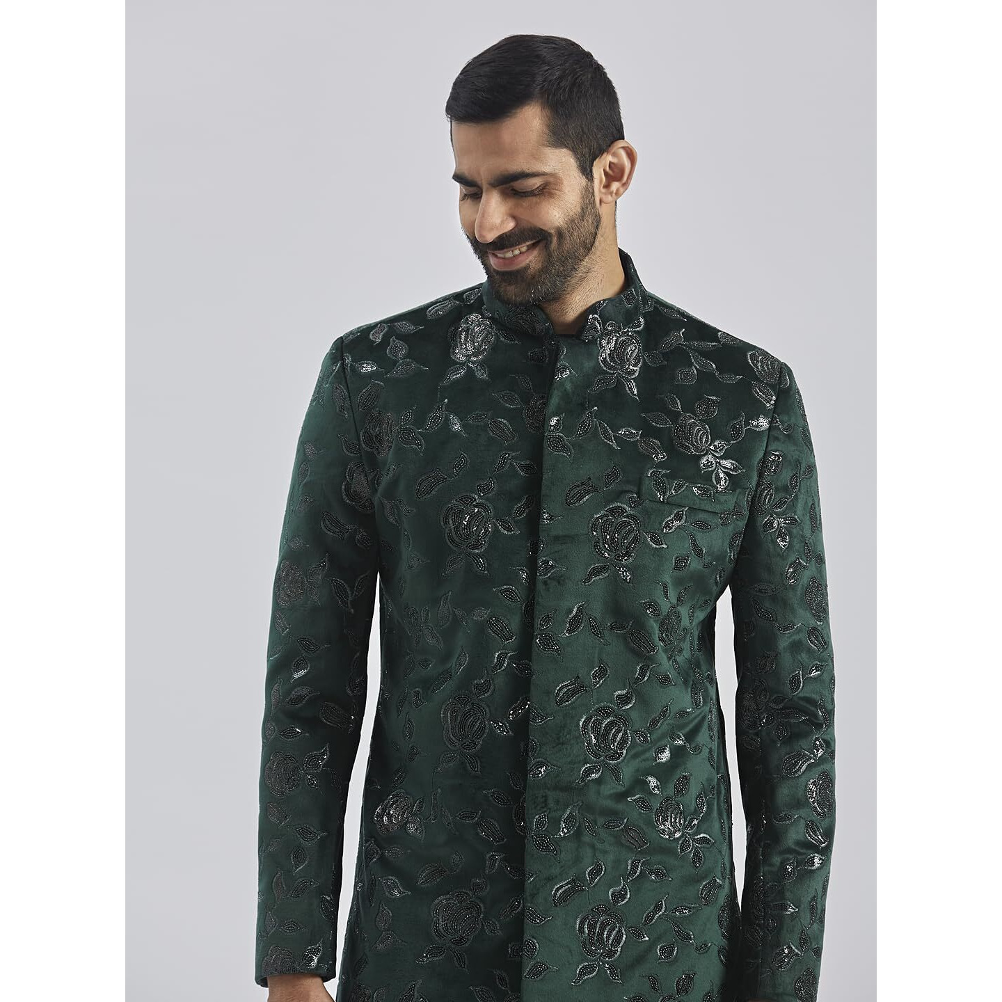 Vastramay Men's Bottle Green Velvet Sherwani Set, Velvet Embroidered Sequiend Indo Western And Pant Set For Men For Weddings & Festivals, Traditional Ethnic Wear Outfit