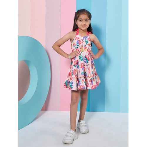 Pspeaches Girls Sleeveless Halter Neck Adorable Floral Printed Fit & Flare Dress (5-6Years) Multicolour