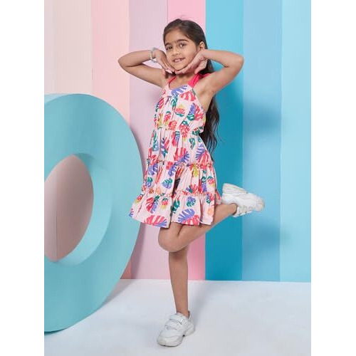 Pspeaches Girls Sleeveless Halter Neck Adorable Floral Printed Fit & Flare Dress (5-6Years) Multicolour