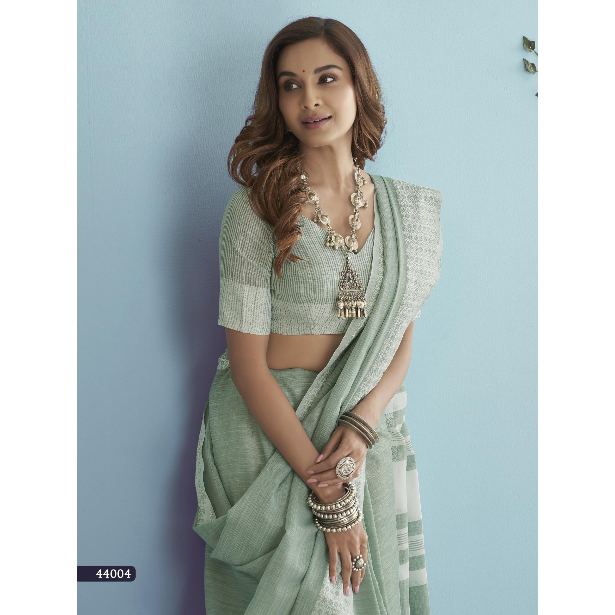 Pujia Mills Women's Soft Linen Indian Ethnic Wear Saree Casual Wear Saree Professional Wear Women Cotton Saree Cream & Black Saree Chikankari Border Work Simple Casual Saree Linen Saree Sea Green