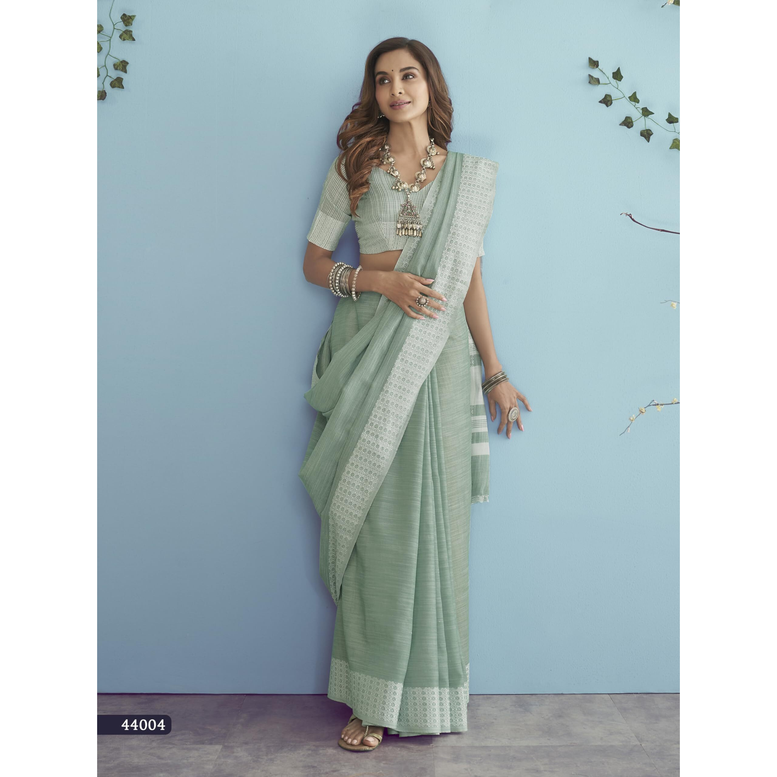 Pujia Mills Women's Soft Linen Indian Ethnic Wear Saree Casual Wear Saree Professional Wear Women Cotton Saree Cream & Black Saree Chikankari Border Work Simple Casual Saree Linen Saree Sea Green