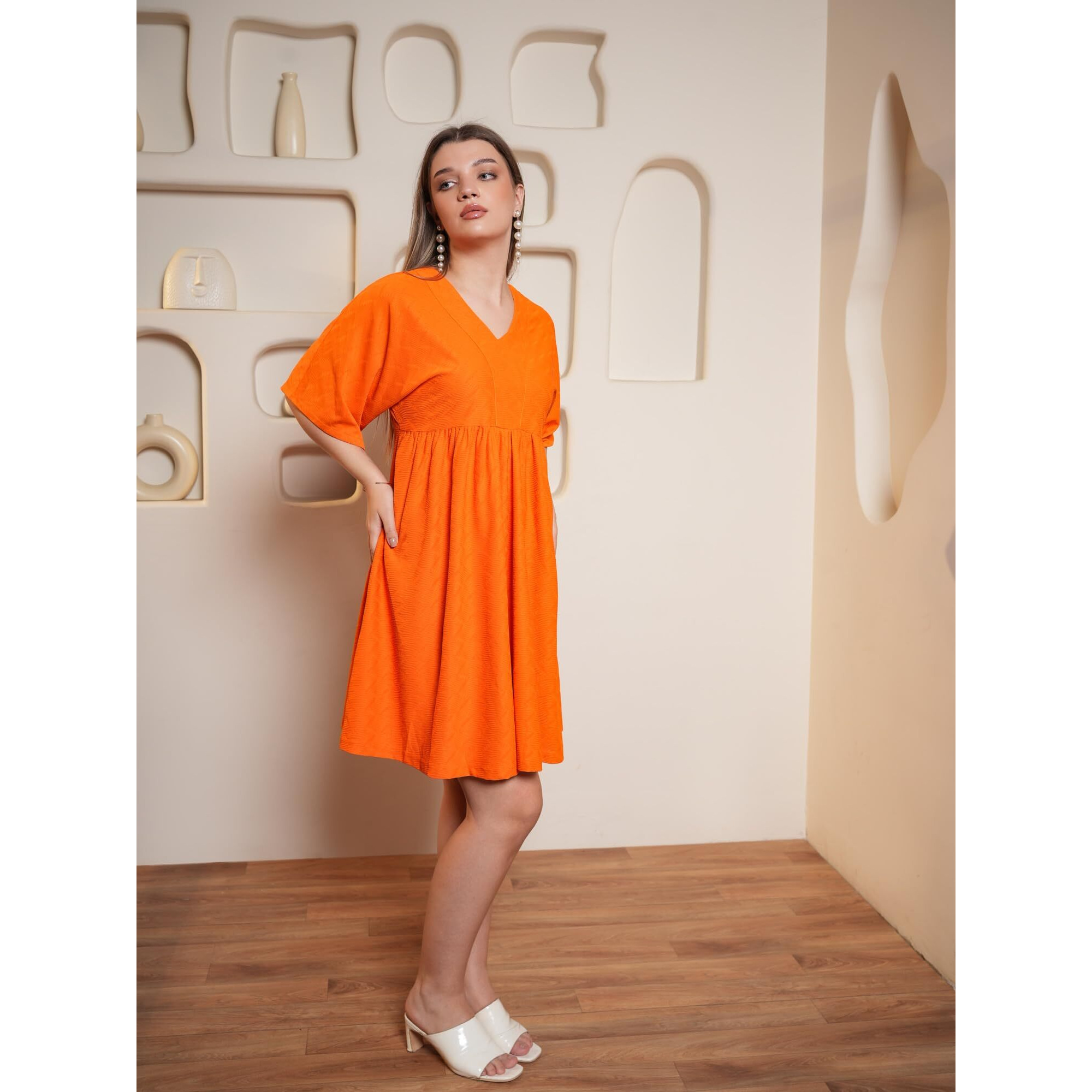 Purvaja Womens Flared Mini Length Dress (Nisi-031-Orange_Orange_Small)
