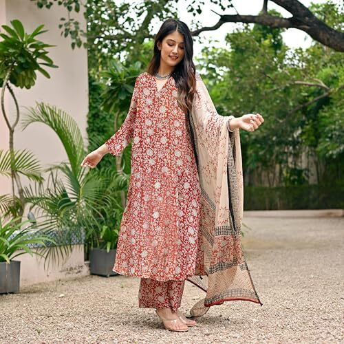 Anni Designer Women's Rayon Viscose Anarkali Printed Kurta With Pant & Dupatta (Stfu Red_L_Red_Large)