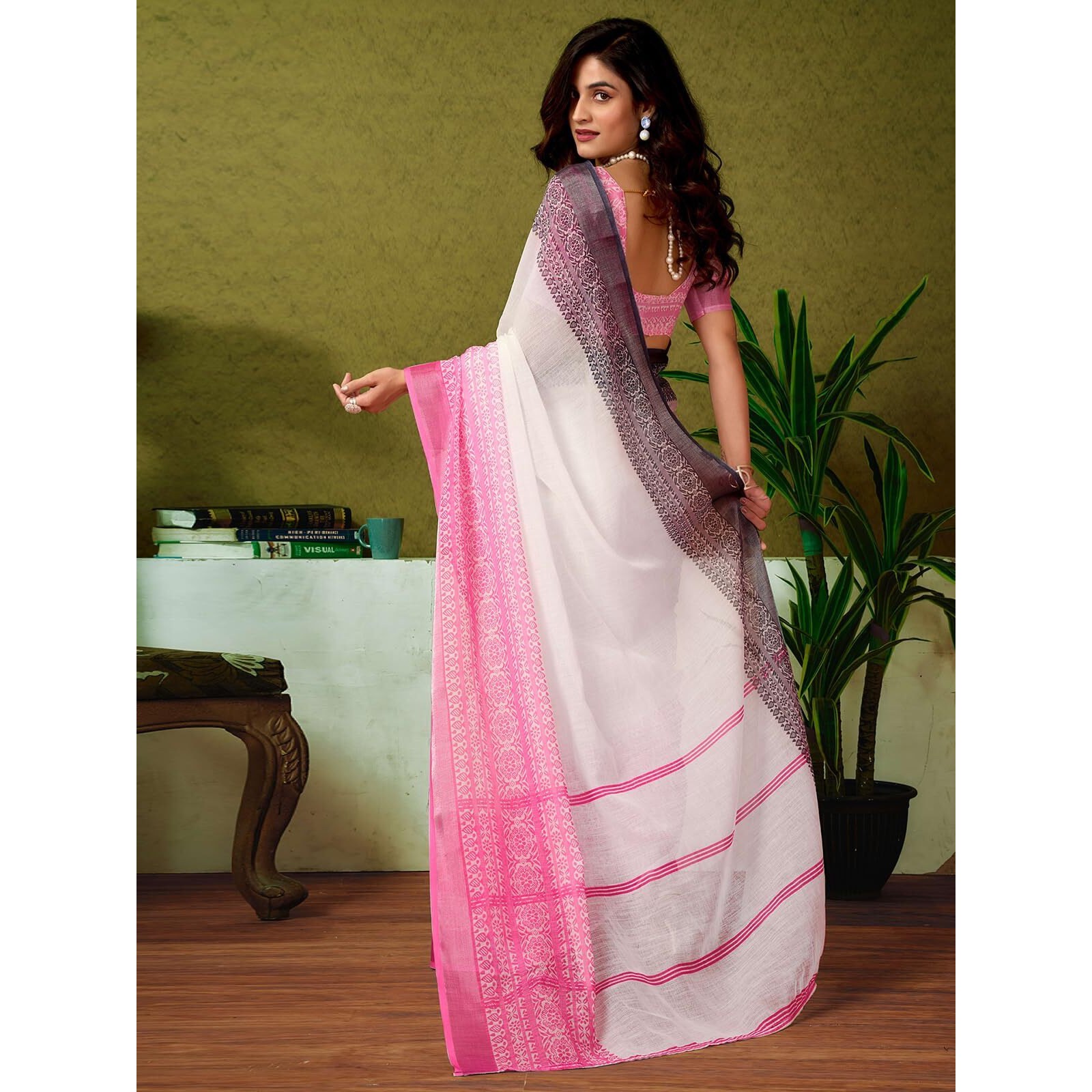 Satrani Women's Linen Zari Border Printed Ready To Wear One Minute Pre Pleated Readymade Saree With Unstitched Blouse Piece (34Rs322N_White)