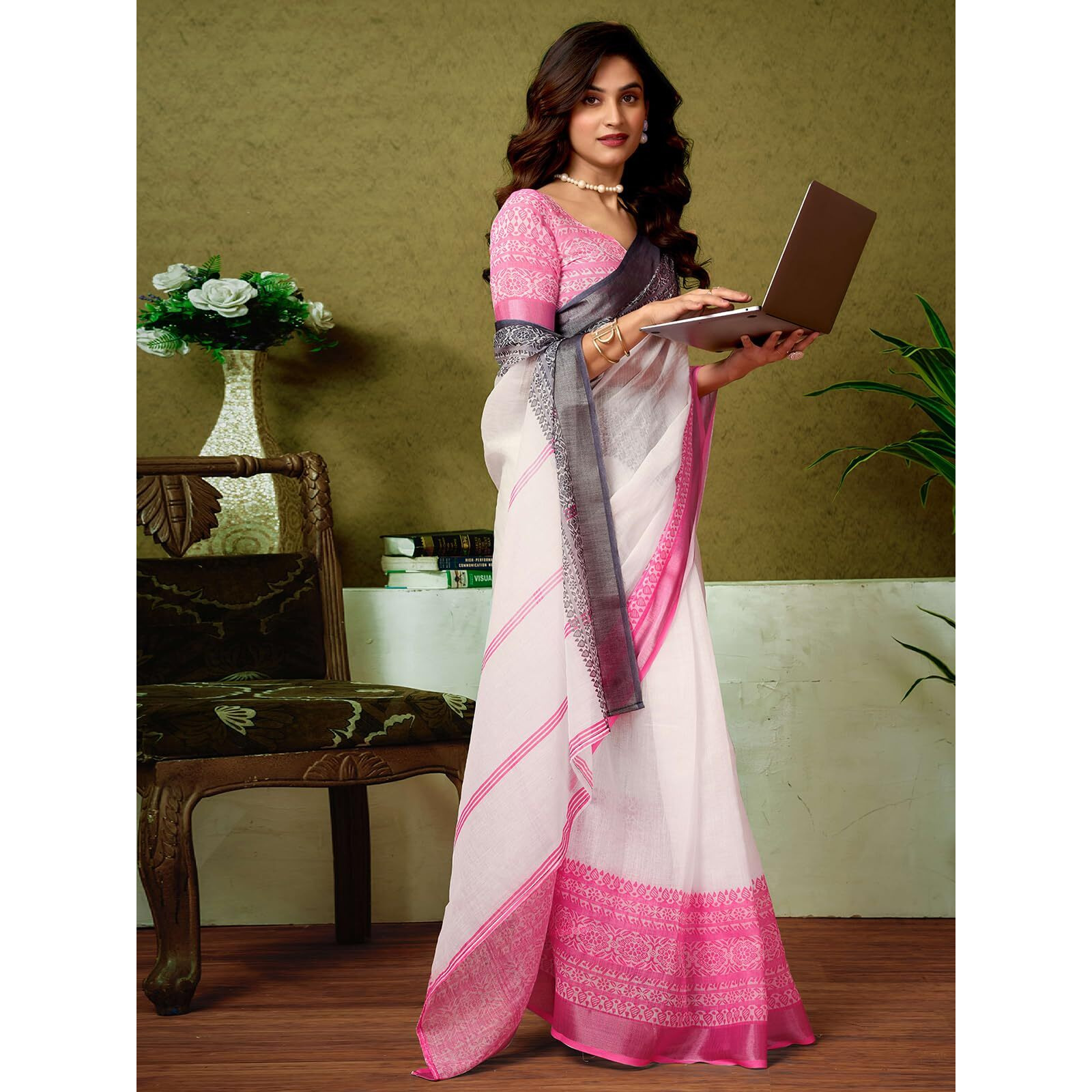 Satrani Women's Linen Zari Border Printed Ready To Wear One Minute Pre Pleated Readymade Saree With Unstitched Blouse Piece (34Rs322N_White)