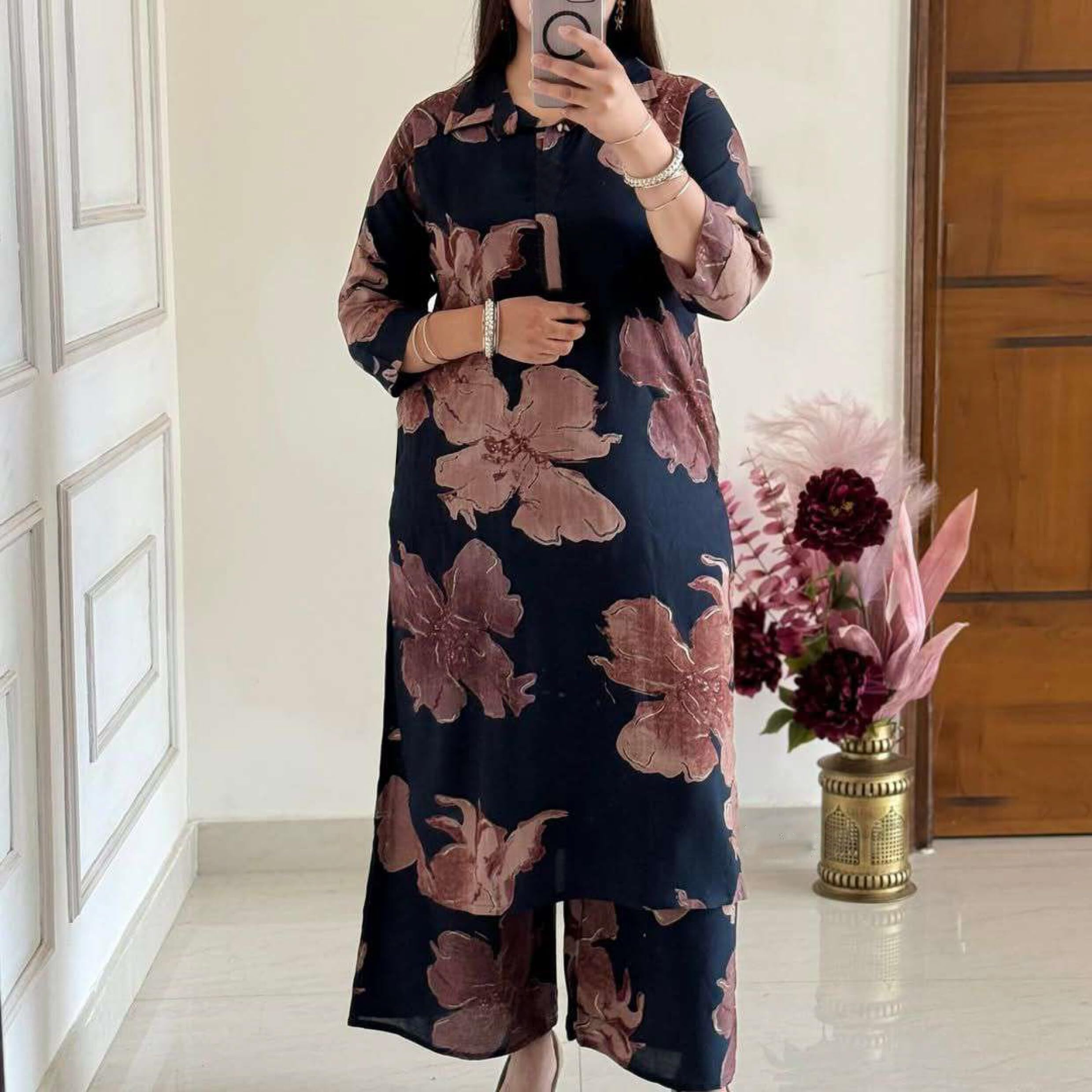 Anni Designer Women's Rayon Viscose Printed Straight Kurta With Palazzo (Ishir Blue_Xl_Blue_X-Large)