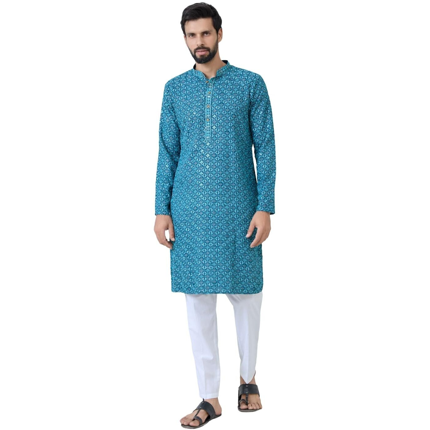 See Designs Men's Full Sleeve Mandarin Collar Men Dark Blue Embroidered Mandarin Collar Straight Kurta With Pyjama - Sdkt289501L