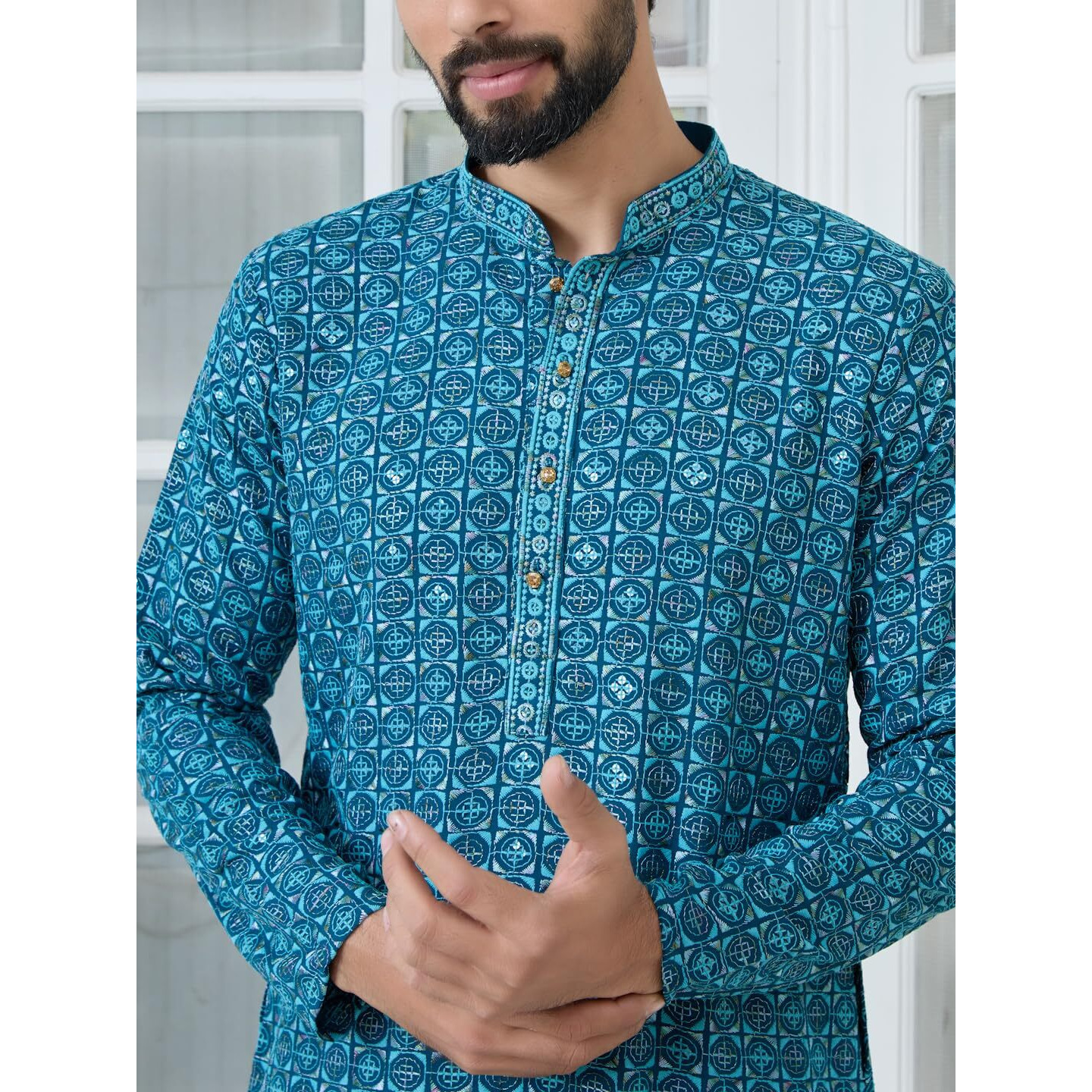 See Designs Men's Full Sleeve Mandarin Collar Men Dark Blue Embroidered Mandarin Collar Straight Kurta With Pyjama - Sdkt289501L