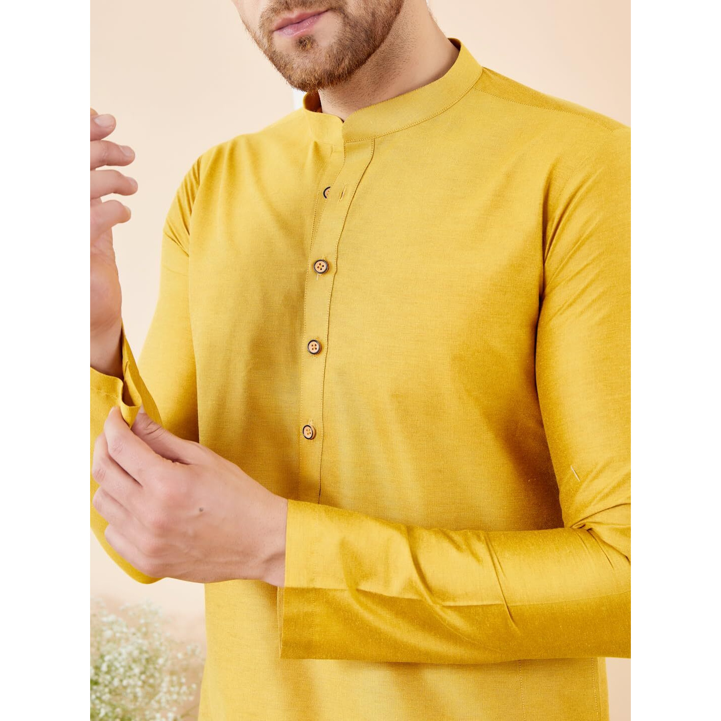 See Designs Men Full Sleeve Mandarin Collar Side Slit Yellow Cotton Solid Straight Kurta With Matching Pyjama - Sdkt2470-20S