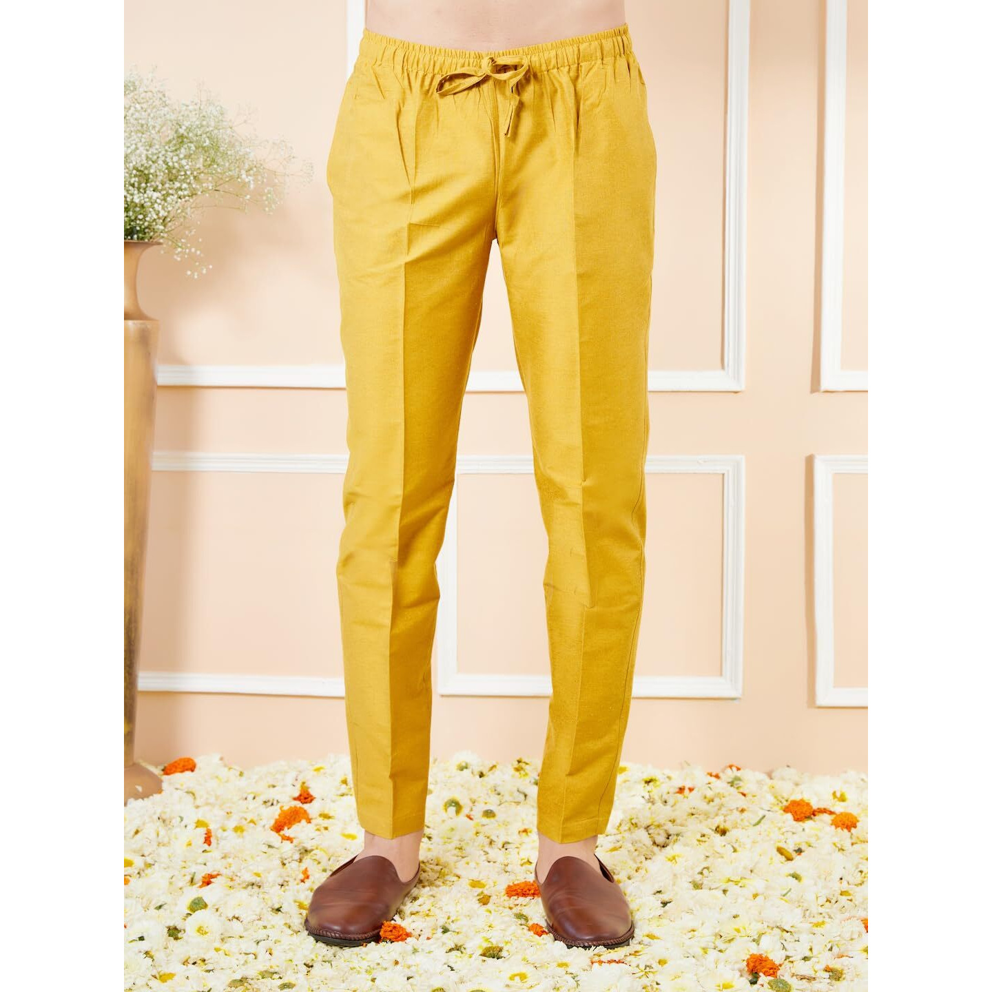 See Designs Men Full Sleeve Mandarin Collar Side Slit Yellow Cotton Solid Straight Kurta With Matching Pyjama - Sdkt2470-20S