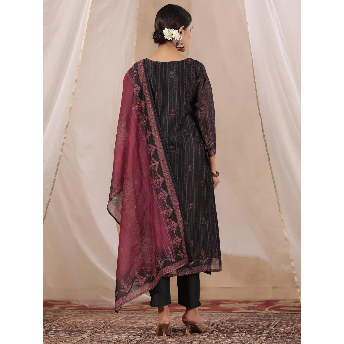 Ishin Women's Black Ethnic Printed Thread Work Poly Silk Straight Kurta With Trousers & Dupatta