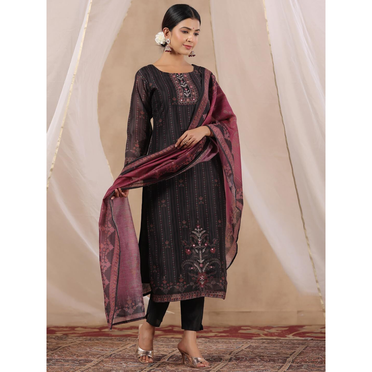 Ishin Women's Black Ethnic Printed Thread Work Poly Silk Straight Kurta With Trousers & Dupatta