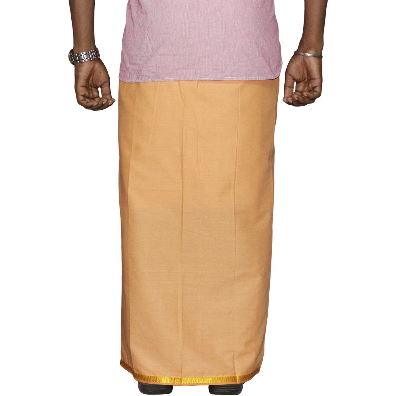 Prakasam Cotton Men's Light Kaavi Colour Quality Single Jari Dhoti With Matching Jari Towel (Dhoti 1.28 X2.00 Meter) (Towel 36 Inches X 1.80 Meter)