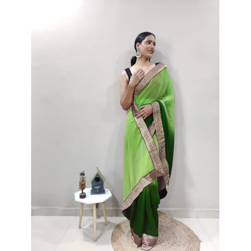 Shiv Textiles Womens Gorgette Less Border Zip And Go Pre-Stitched Saree  Effortless Wear & Comfort  Ready To Wear Saree(Sb-St-R-23-Green)