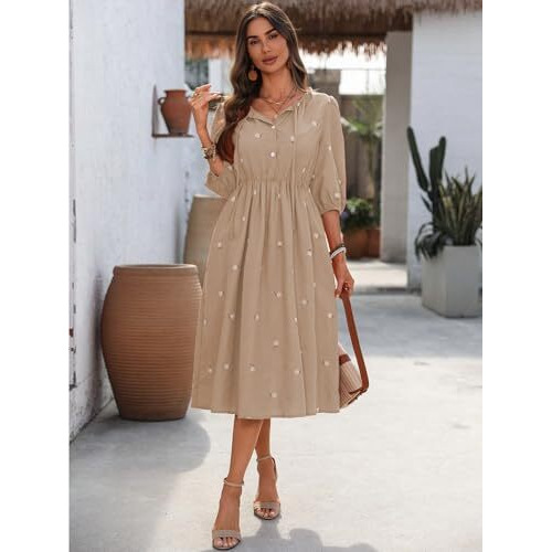 Shienzy Women's Cotton Blend Classic Knee-Length Casual Dress (1665_Bg_S_Beige