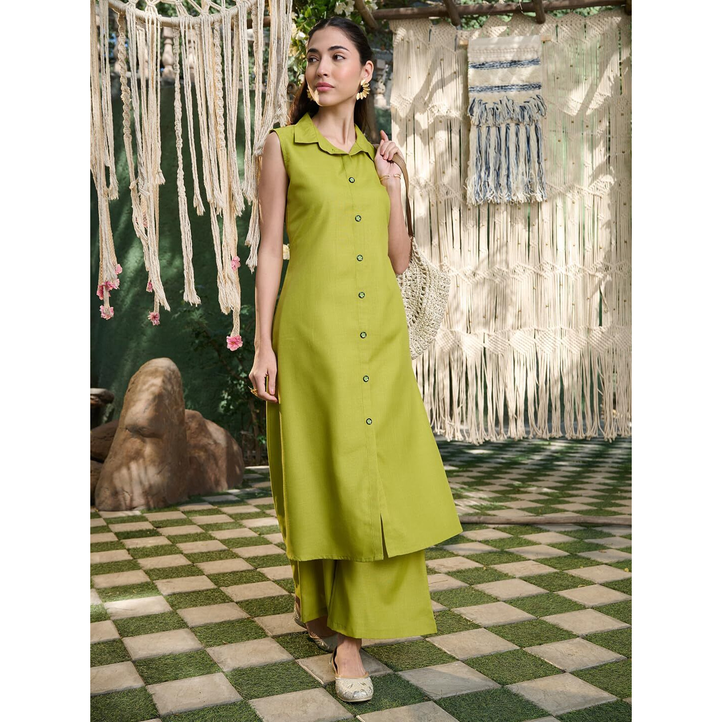 Stylum Women's Solid Cotton Blend Kurta Pant Set (Kpgreencurry36_Green, S)