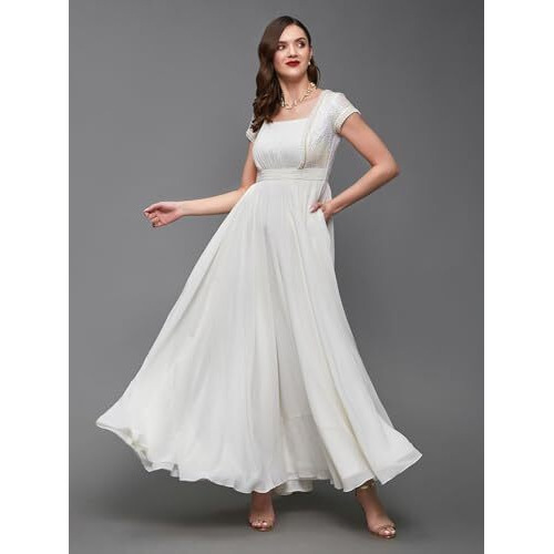 Miss Chase Women's Square Neck Self Designed Maxi Dress (Mcss23D06-68-114-06, Off White, Xl)