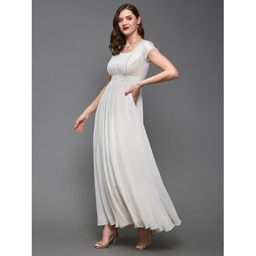 Miss Chase Women's Square Neck Self Designed Maxi Dress (Mcss23D06-68-114-06, Off White, Xl)