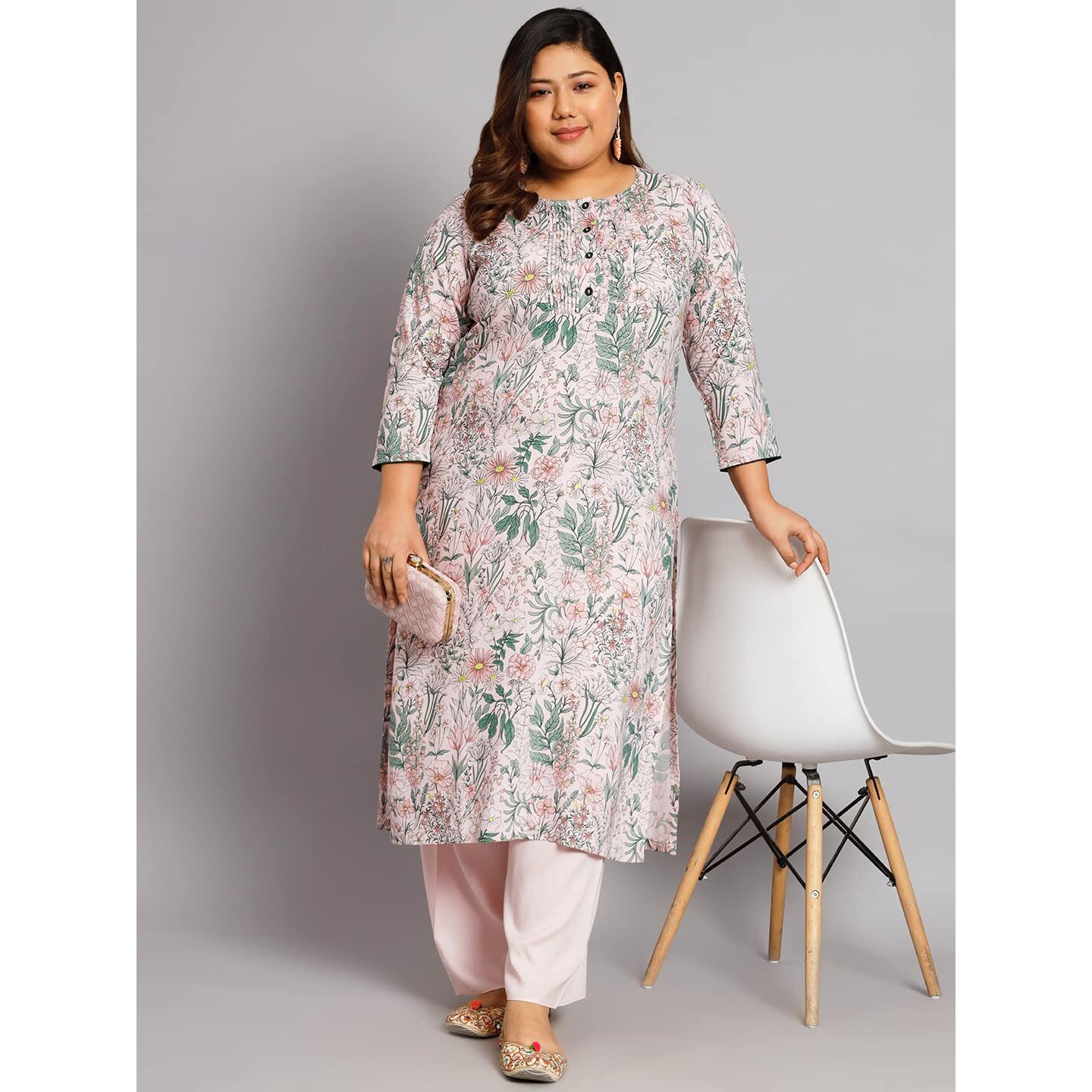 Tissu Women's Plus Size Baby Pink & Green Printed Kurta With Palazzo (T-Plus-658_Pink_3Xl)