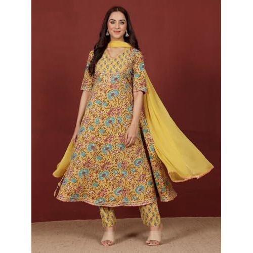 Varanga Women Ethnic Floral Printed Flared Anarkali Kurta With Trouser & Dupatta