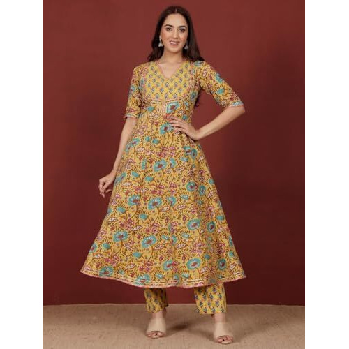 Varanga Women Ethnic Floral Printed Flared Anarkali Kurta With Trouser & Dupatta