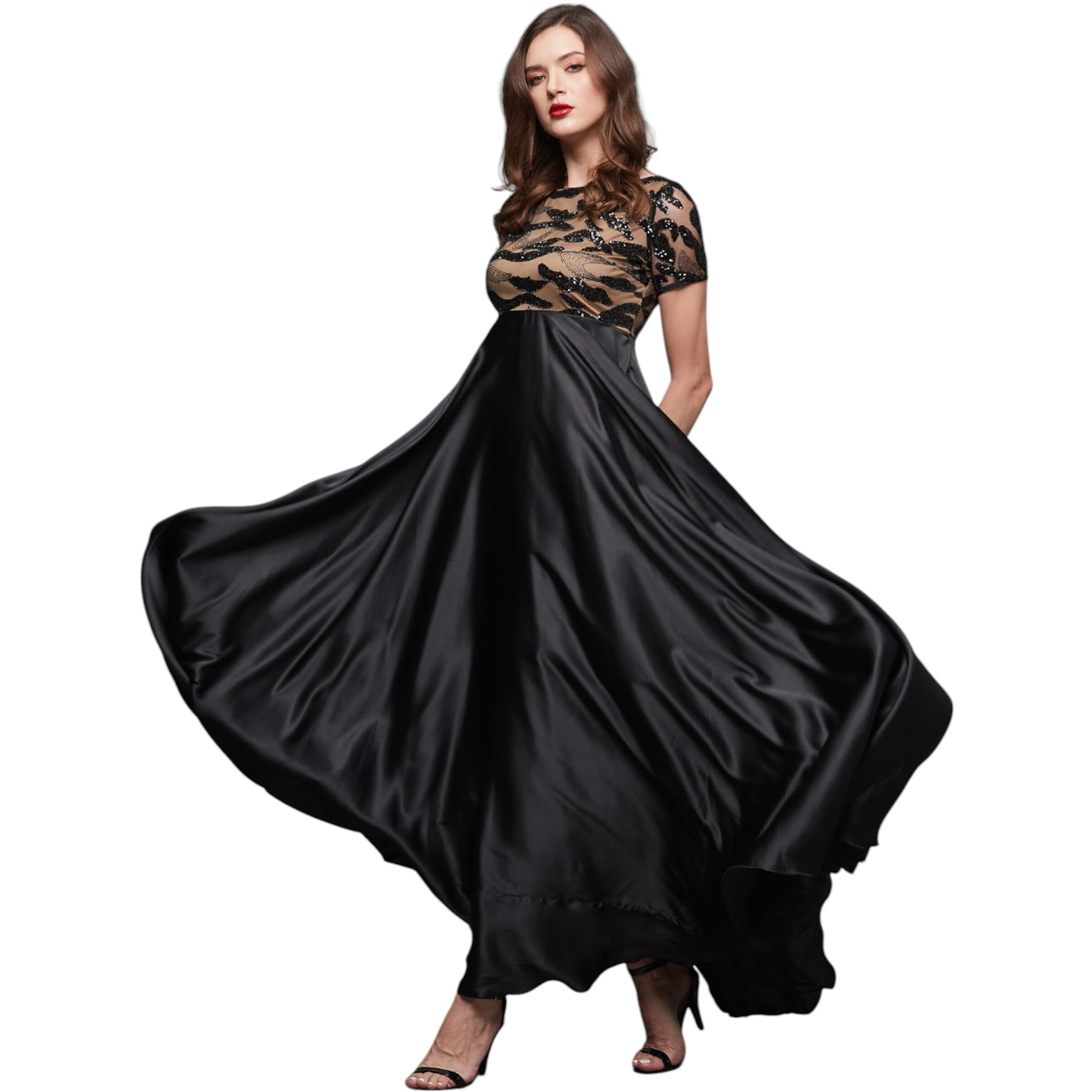 Miss Chase Women's Boat Neck Short Sleeve Maxi Dress (Mcaw23D13-82-62-03, Black, S)
