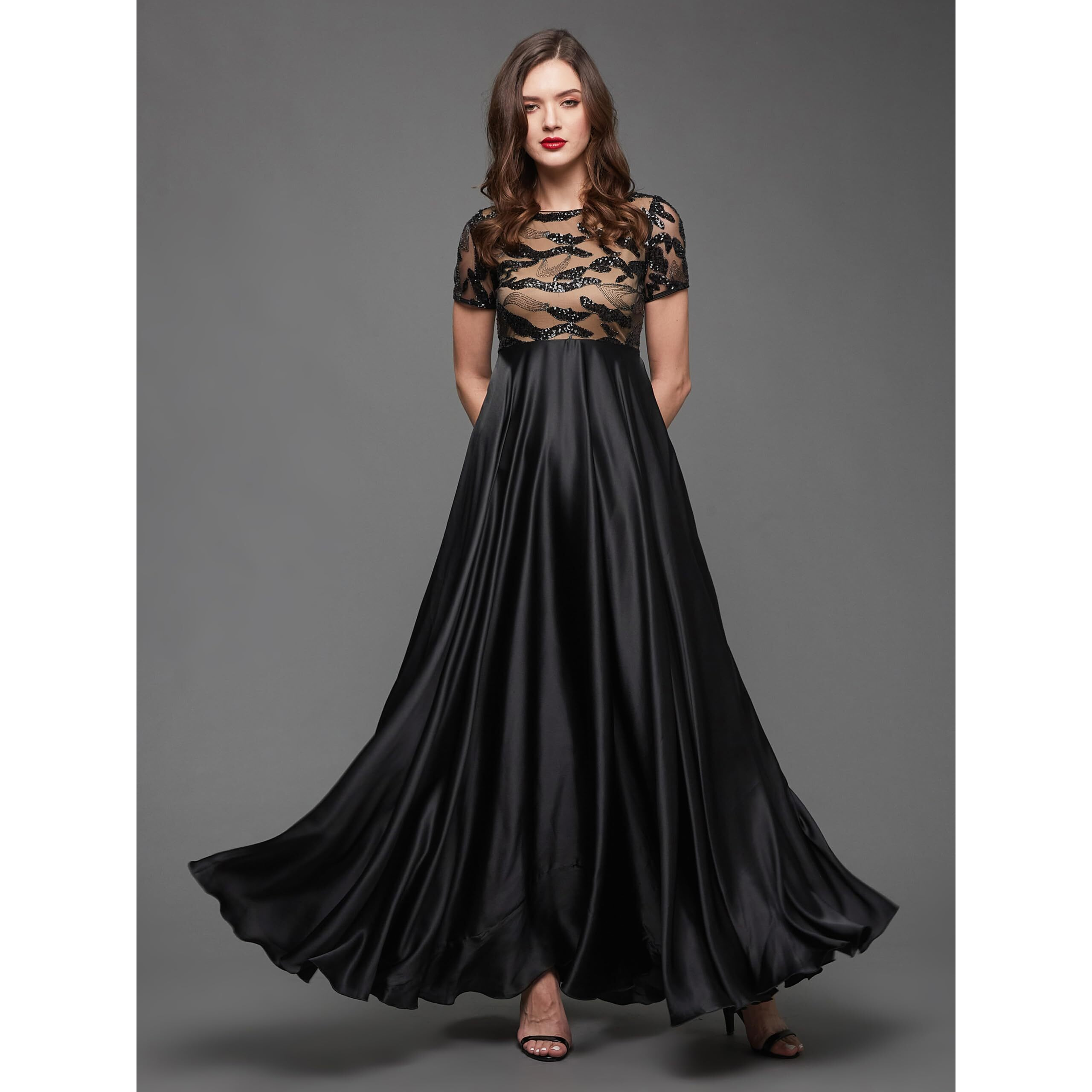 Miss Chase Women's Boat Neck Short Sleeve Maxi Dress (Mcaw23D13-82-62-03, Black, S)