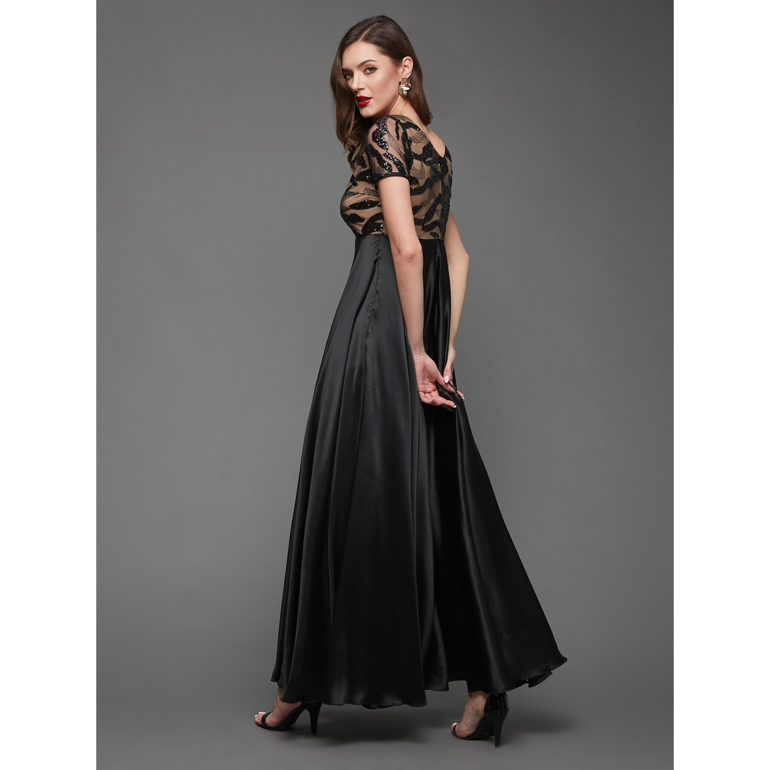 Miss Chase Women's Boat Neck Short Sleeve Maxi Dress (Mcaw23D13-82-62-03, Black, S)