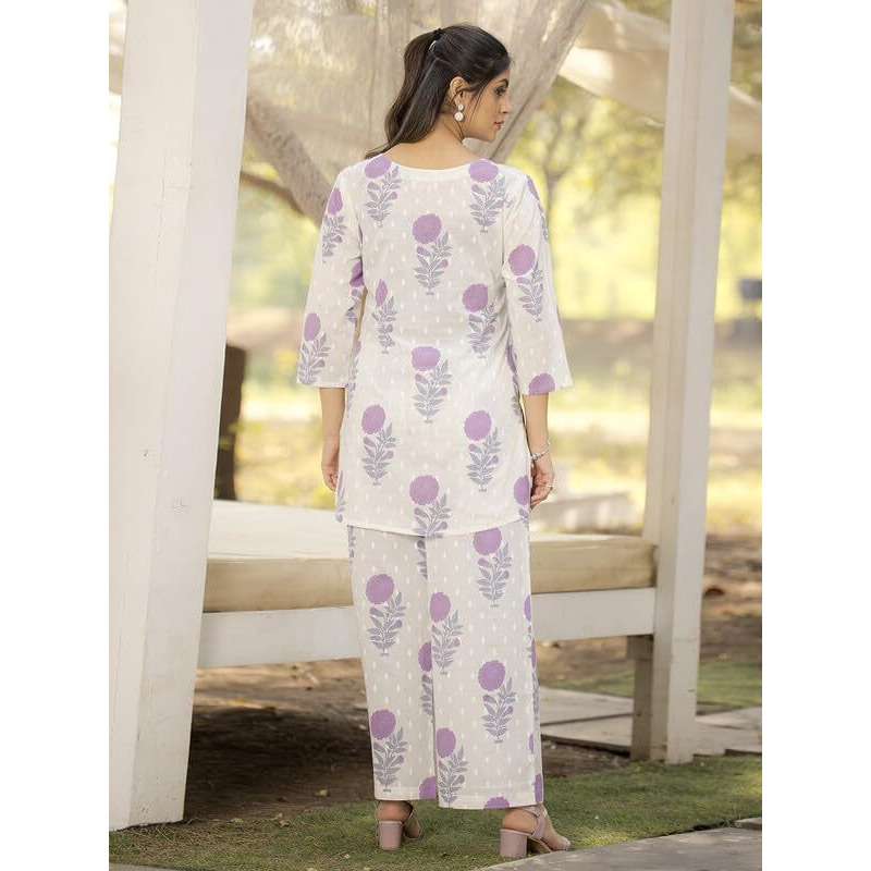 Pinkmint Women's Pure Cotton Co Ord Set L Flower Printed Co Ord Set L Stylish Pocket & 3/4 Sleeve Women Co-Ord Set