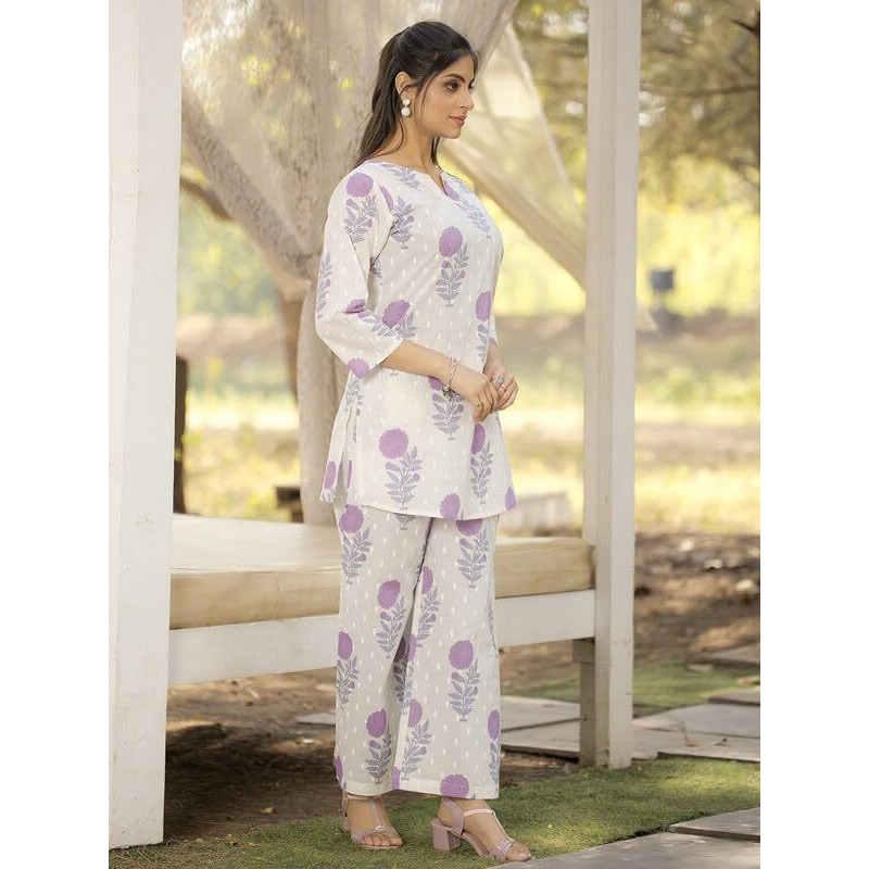 Pinkmint Women's Pure Cotton Co Ord Set L Flower Printed Co Ord Set L Stylish Pocket & 3/4 Sleeve Women Co-Ord Set